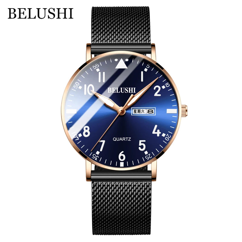 BELUSHI Mens Watches Slim Mesh Waterproof Top Luxury Brand Quartz Watch Men Stainless steel mesh Belt Sport Wrist Watch