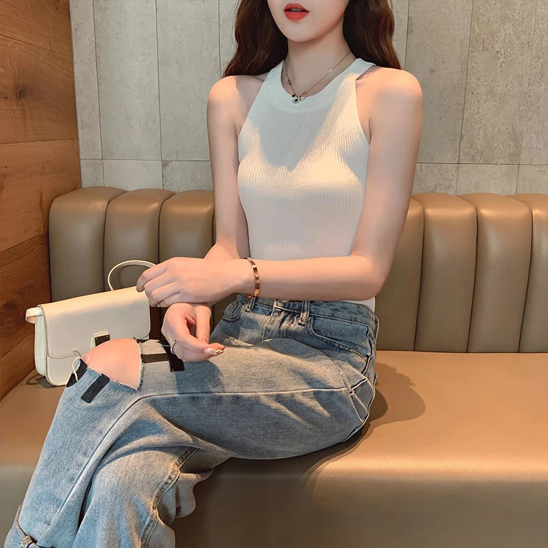 Tops Women Crop Top Off Shoulder Stretchy Knitted Tank Tops Female Sleveless Vest Halter Casual Summer Tops For Women
