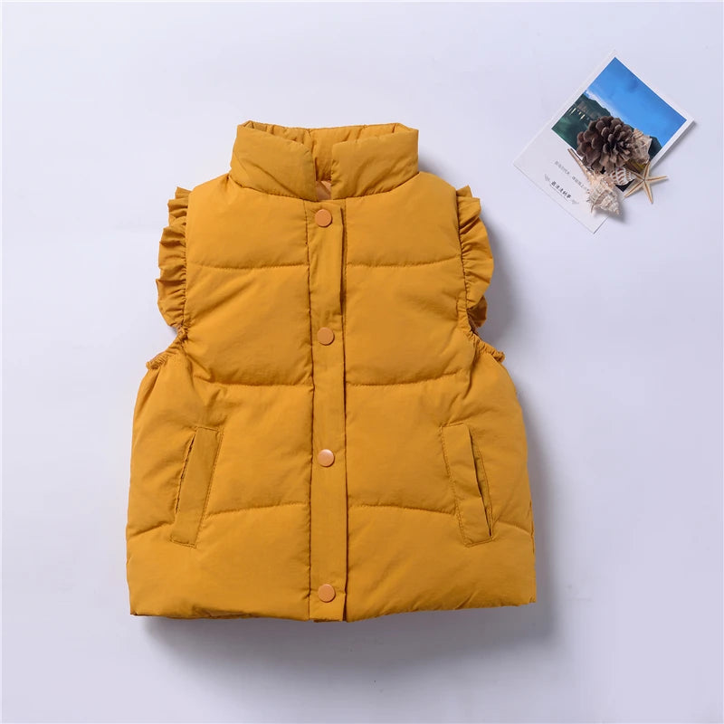 Winter Baby and Girls Ruffled Sleeves Single-Breasted Puffer Vest Jackets School Kids Down Waistcoat Child Outfit Tops 2-10 Yr