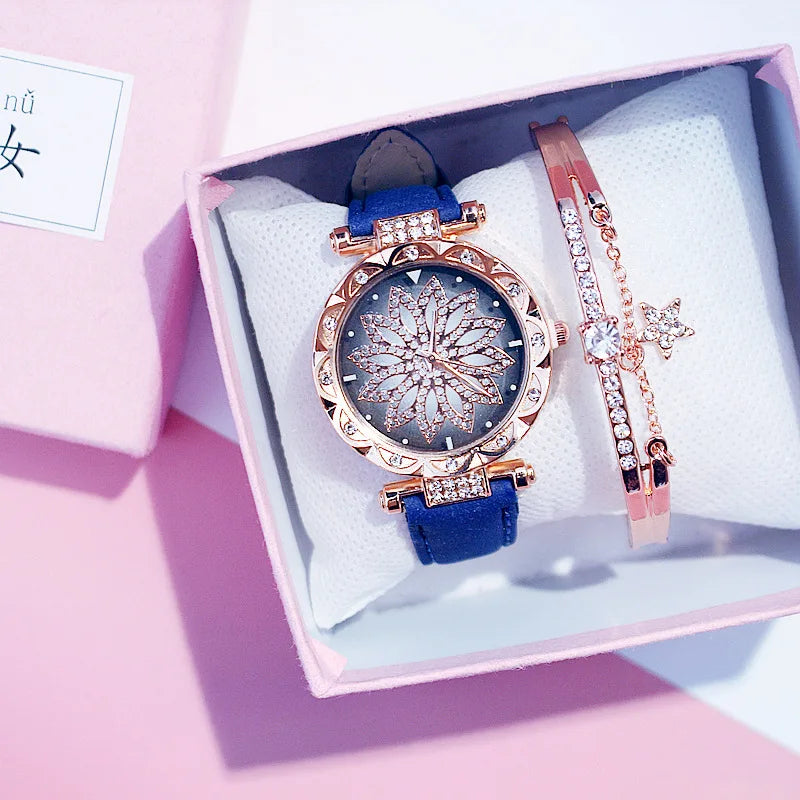 Fashion Flowers Diamond Women Watch + Bracelet Set Luxury Brand Quartz Watches Reloj Mujer Casual Leather Wristwatch Ladyes Gift