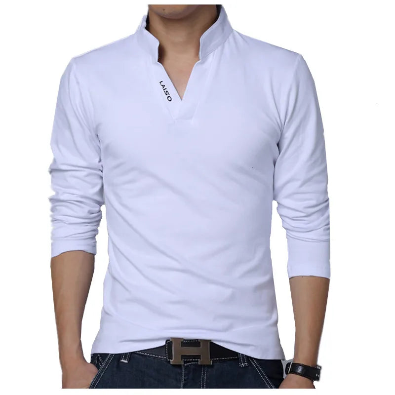 POLO Shirt Men Spring Cotton TShirt Men's Solid Color Tshirts Mandarin Collar Long Sleeve Top Men Brand Slim Fit Tee Shirts