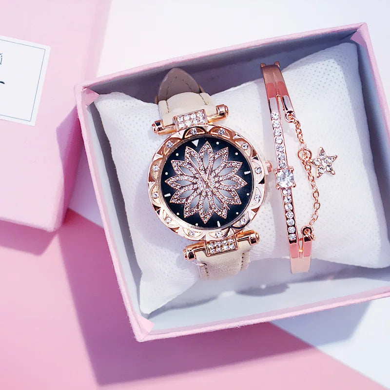 Fashion Flowers Diamond Women Watch + Bracelet Set Luxury Brand Quartz Watches Reloj Mujer Casual Leather Wristwatch Ladyes Gift