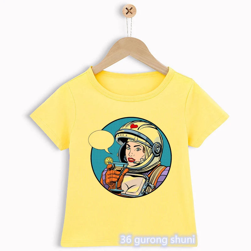 New summer style shirts space astronaut graphic print toddler baby tshirts fashion casual kids clothes yellow shirt tops