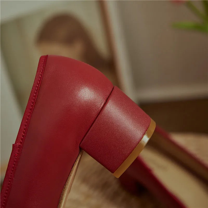 2025 Genuine Leather Women Shoes Fashion Butterfly-knot Spring and Autumn Pumps Slip-On Casual Shoes Chunky Heel Size 34-40