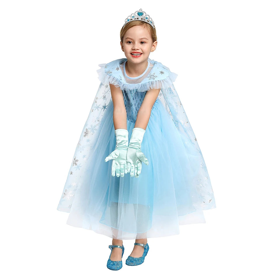 Girls Elsa Cosplay Dress Fancy Costume Girl Snow Queen Halloween Birthday Party Children Princess Clothes Cloak