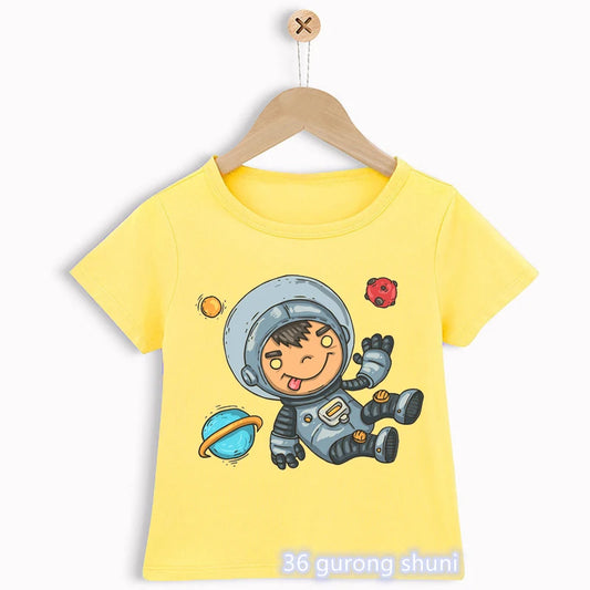 New summer style shirts space astronaut graphic print toddler baby tshirts fashion casual kids clothes yellow shirt tops