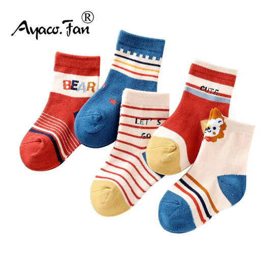 5 Pairs/Lot Children Cotton Socks Boy Girl Baby Autumn Thick Kids Knee-High Striated Socks Soft Cartoon Socks for Winter 1-12T