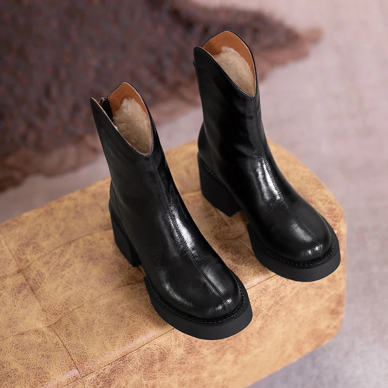 2022 Winter New Women Boots Women Shoes Round Toe Square Heel Real Wool Thick Heel Short Boots Solid Color Womens Platform Heels