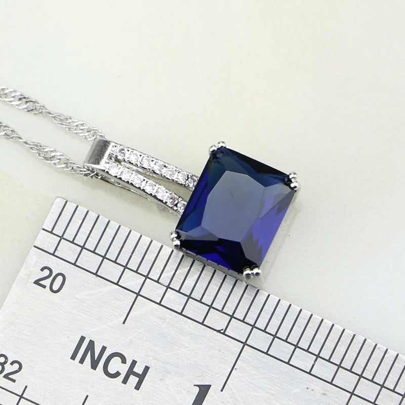 Blue Rhinestone White CZ Costume Jewelry 925 Silver Bridal Jewelry Sets for Women Wedding Earring/Pendant/Necklace/Ring