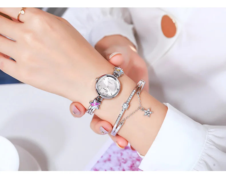 Women's Watches Star Bracelet Set Luxury Ladies Wristwatch Gift Steel Quartz Watch For Woman Rhinestone Clock New zegarek damski