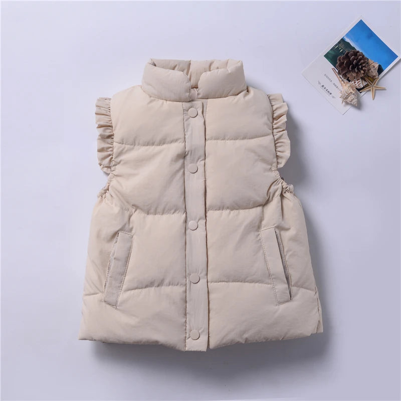 Winter Baby and Girls Ruffled Sleeves Single-Breasted Puffer Vest Jackets School Kids Down Waistcoat Child Outfit Tops 2-10 Yr