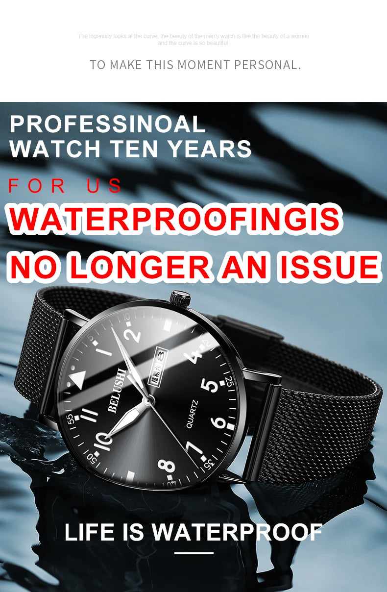 BELUSHI Mens Watches Slim Mesh Waterproof Top Luxury Brand Quartz Watch Men Stainless steel mesh Belt Sport Wrist Watch