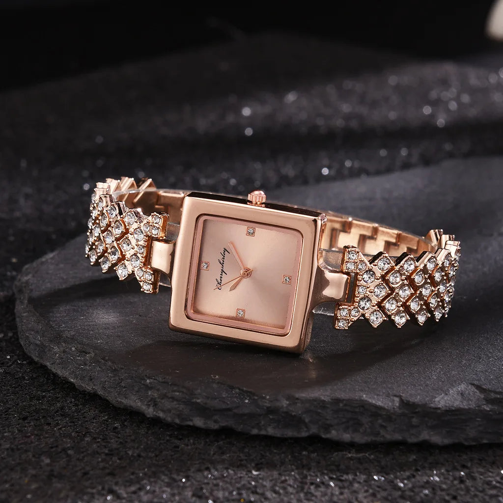 Luxury Square Dial Watches For Women Crystal Steel Quartz Ladies Watch Set Fashion Bracelet Female's Wristwatch Rose Gold Gift