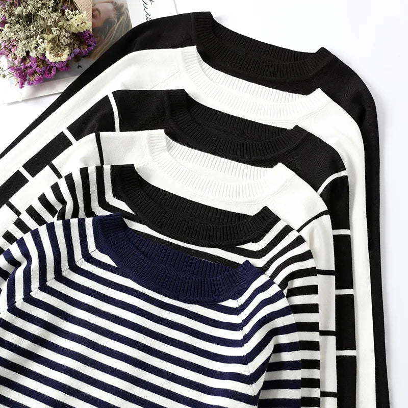 2025 New Long Sleeve Striped Pullover Women Sweater Knitted Sweaters O-Neck Tops Korean Pull Jumper Female Tailor-made T-Shirts
