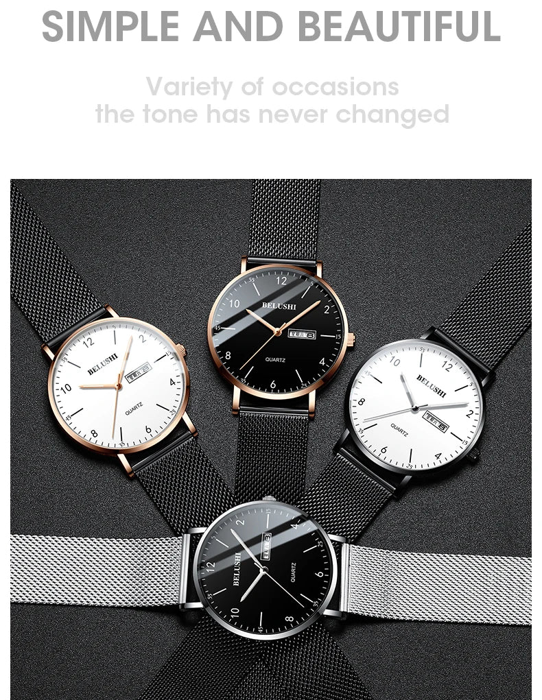 BELUSHI Quartz Watch for Men Luxury Mesh Steel Casual Watches Waterproof Business Male Wristwatch