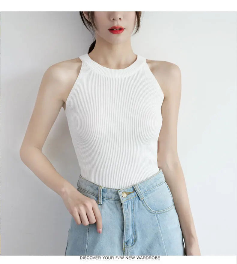 Tops Women Crop Top Off Shoulder Stretchy Knitted Tank Tops Female Sleveless Vest Halter Casual Summer Tops For Women