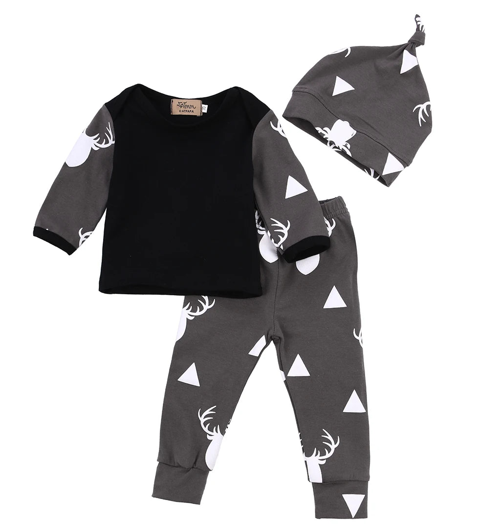 Newborn Baby Boys Clothes Cotton Sets Print Long Sleeve T-shirt Tops +Pants Leggings Hat 3pcs Outfits Baby Autumn Clothing