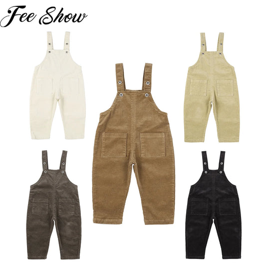 Kids Boys Girls Suspender Pants Overalls Corduroy Jumpsuits Pocket Trousers Casual Loose Toddler Bib Pants Children Clothing