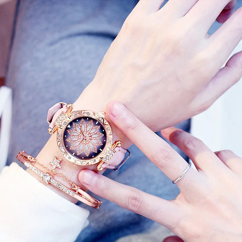 Fashion Flowers Diamond Women Watch + Bracelet Set Luxury Brand Quartz Watches Reloj Mujer Casual Leather Wristwatch Ladyes Gift