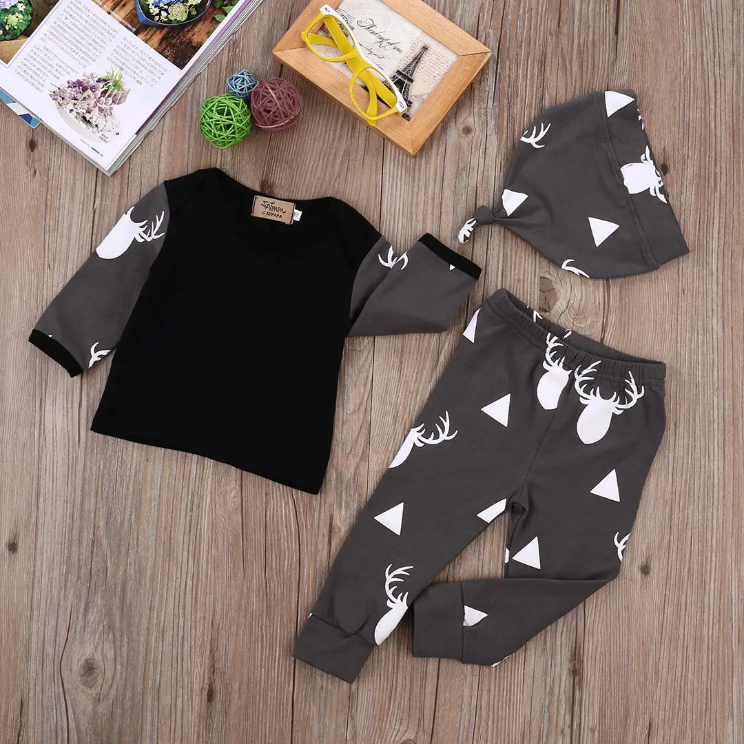 Newborn Baby Boys Clothes Cotton Sets Print Long Sleeve T-shirt Tops +Pants Leggings Hat 3pcs Outfits Baby Autumn Clothing