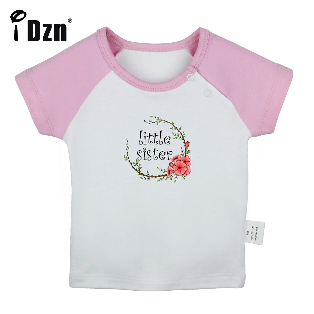 iDzn NEW Little Sister Garland Fun Art Printed Baby Girls  T-shirts Cute Baby Short Sleeves T shirt Newborn Cotton Tops Clothes