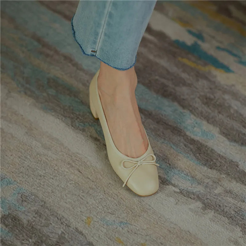 2025 Genuine Leather Women Shoes Fashion Butterfly-knot Spring and Autumn Pumps Slip-On Casual Shoes Chunky Heel Size 34-40