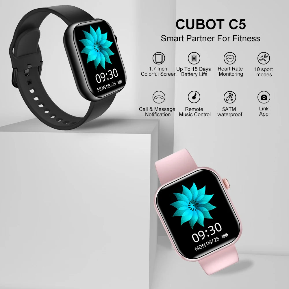 Cubot C5 Smart Watch 1.7"Heart Rate Monitor 10 Sport Modes 5ATM Waterproof Call Message Notification Women Men Sports Smartwatch