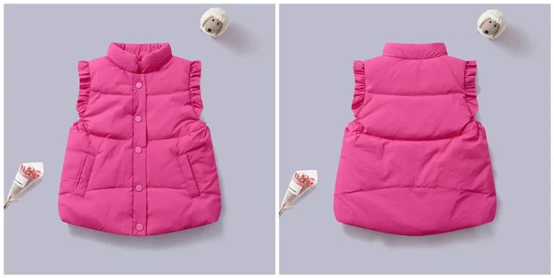 Winter Baby and Girls Ruffled Sleeves Single-Breasted Puffer Vest Jackets School Kids Down Waistcoat Child Outfit Tops 2-10 Yr