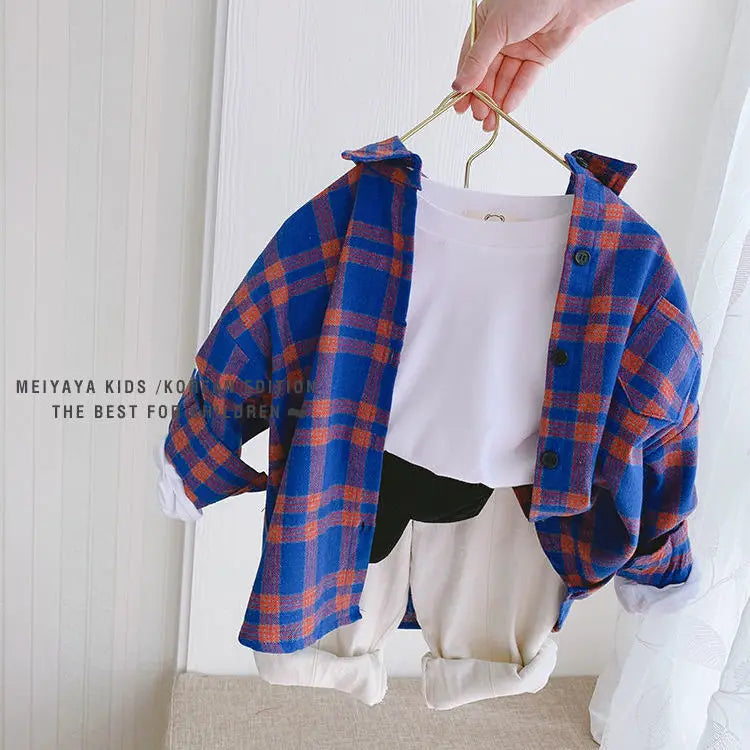 Spring 100% Cotton Casual Plaid Blouse Summer Striped Shirt Korean Baby Long Sleeve Tops Boys Shirts School Girls Blouses