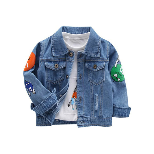 MUABABY Baby Boy Denim Jacket Kids Cartoon Appliques Tops Autumn Children Warm Clothes Frosted Toddler Daily Wear Fashion Looks