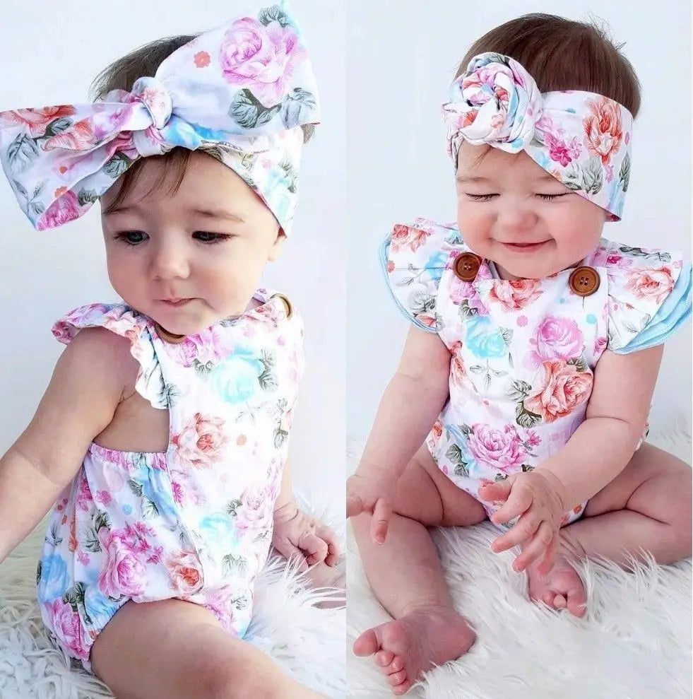 Toddler Infantil Newborn Baby Girls Floral Romper Fashion Jumpsuit Summer Headband 2PCS Sunsuit Outfit Set