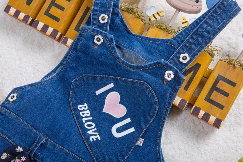 DIIMUU Kids Baby Toddler Clothing Girls Overalls Denim Suspender Pants Printing Love Cute Casual Jumpsuits Long Sleeve Trousers