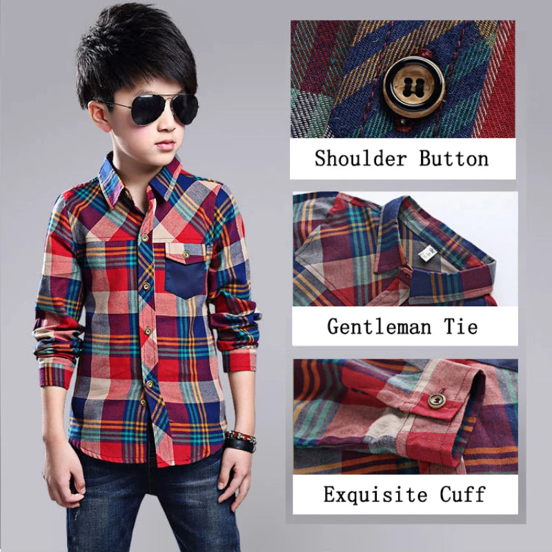 Spring Cotton Kids Clothes Fashion Casual Handsome Shirt for Children blouses Boys Plaid Long Sleeve dress Shirts