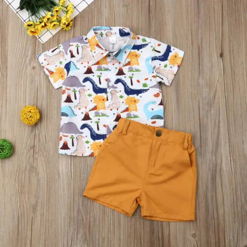 Citgeett Summer Toddler Kids Baby Boys Tops T-shirt Dinosaur Pants Yellow Shorts Outfits Gentleman Set