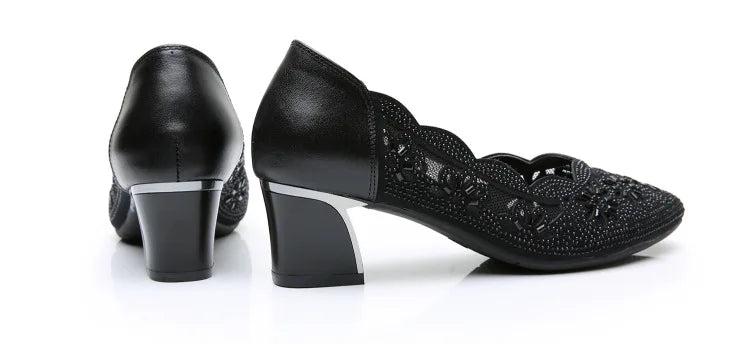 GKTINOO 2026 Summer Fashion Hollow Out Genuine Leather Pumps Women Shoes Med Heels Square Heel Mesh Ladies Office Shoes Crystal