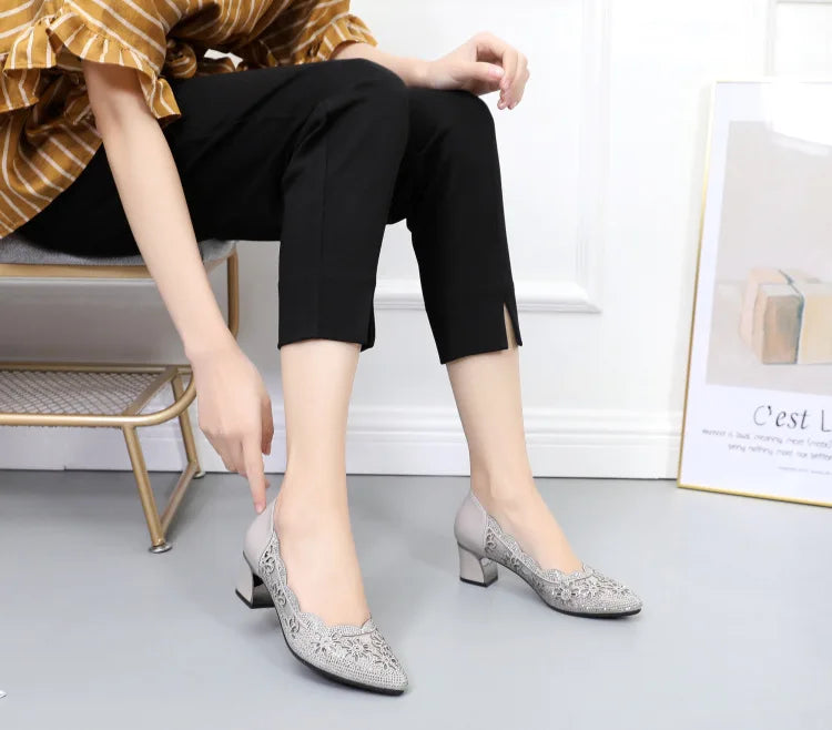 GKTINOO 2026 Summer Fashion Hollow Out Genuine Leather Pumps Women Shoes Med Heels Square Heel Mesh Ladies Office Shoes Crystal