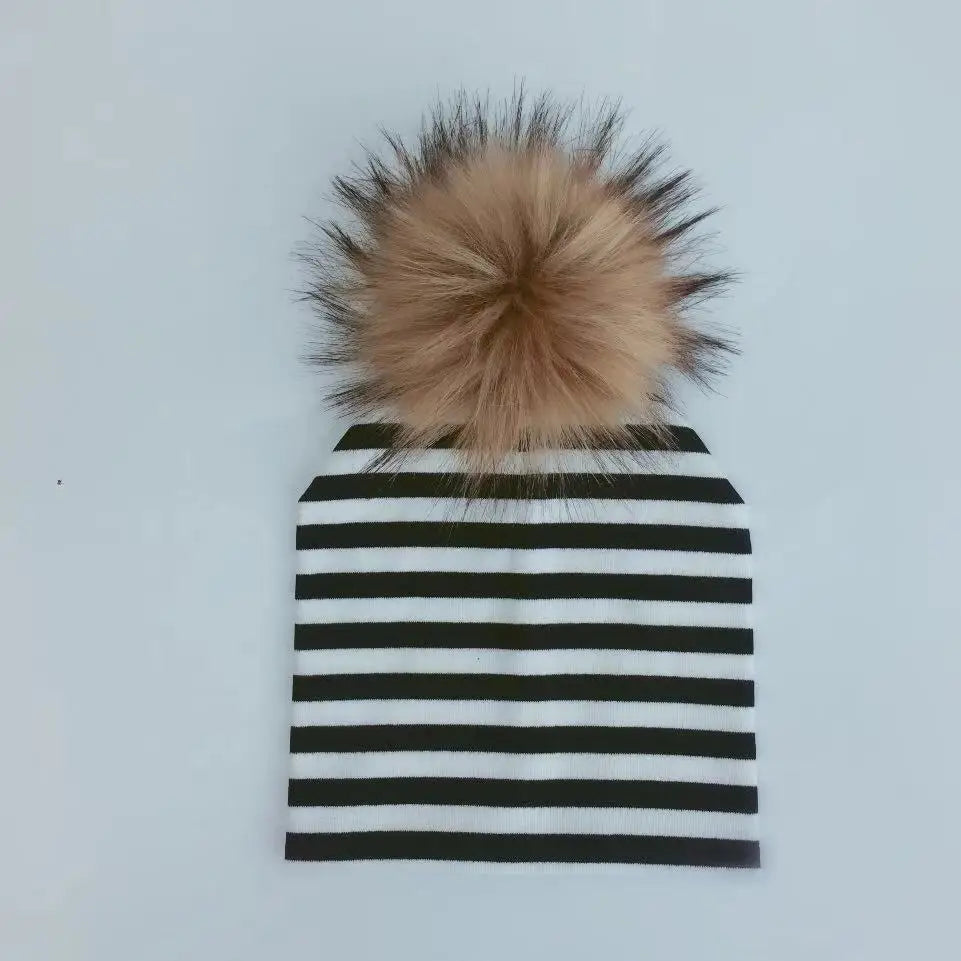 Gorro con pompón de piel sintética de mapache para niños y niñas de otoño, gorro de algodón para recién nacidos