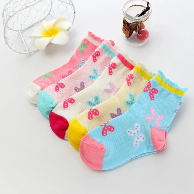 5 par/lote primavera otoño calcetines de alta calidad para niñas calcetines de algodón de Color caramelo con mariposas para niñas de 3 a 12 años calcetines para niños