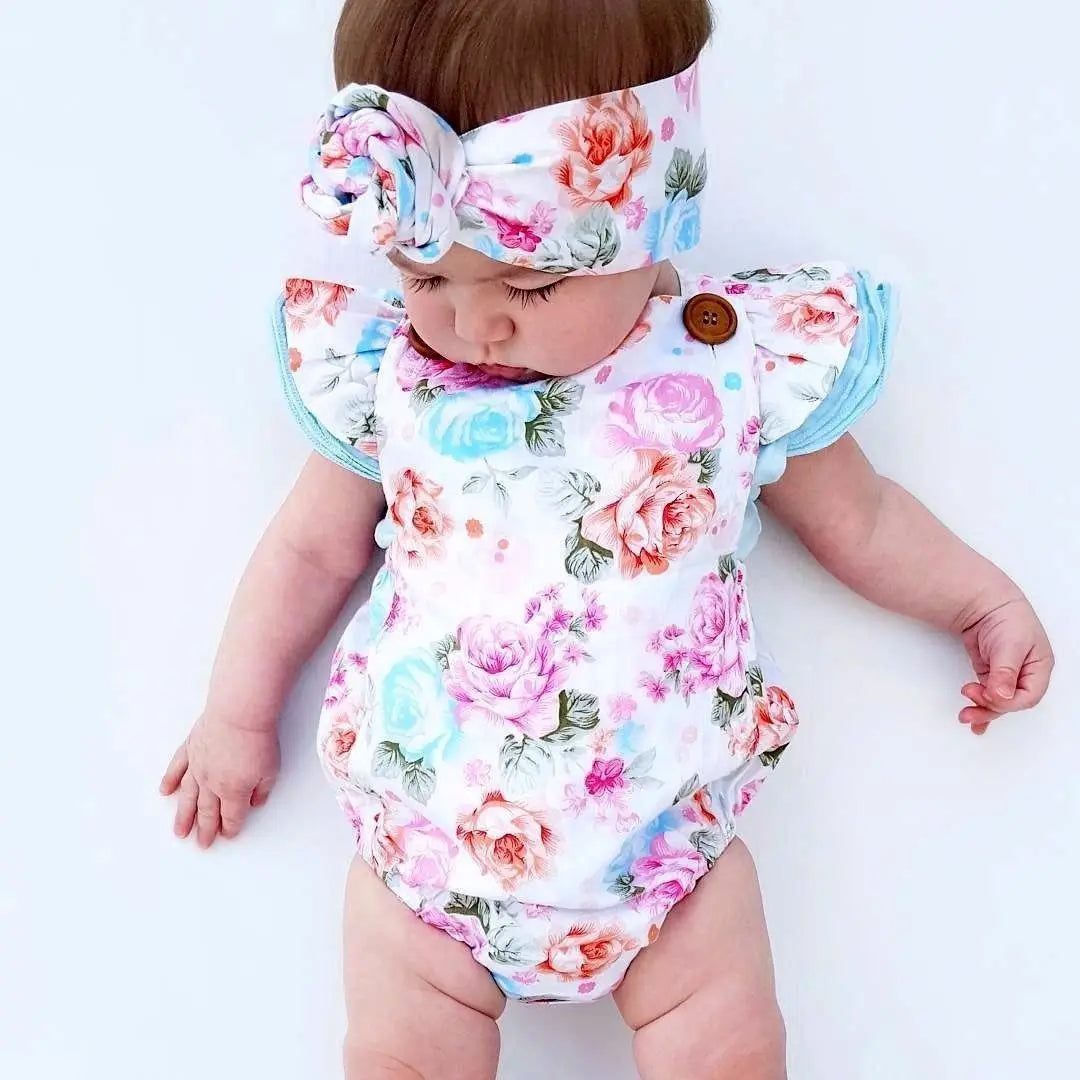 Toddler Infantil Newborn Baby Girls Floral Romper Fashion Jumpsuit Summer Headband 2PCS Sunsuit Outfit Set