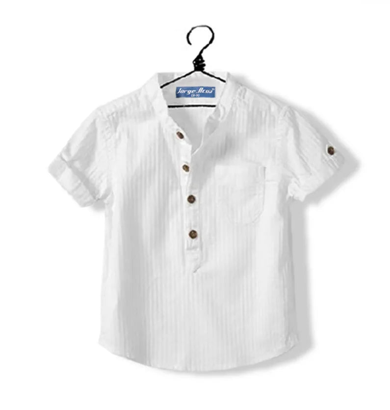 New Casual Boys Shirts Baby Children Cotton Short Sleeve Blouse for Summer Kids Boys White Shirt Stand Collar Handsome Tops