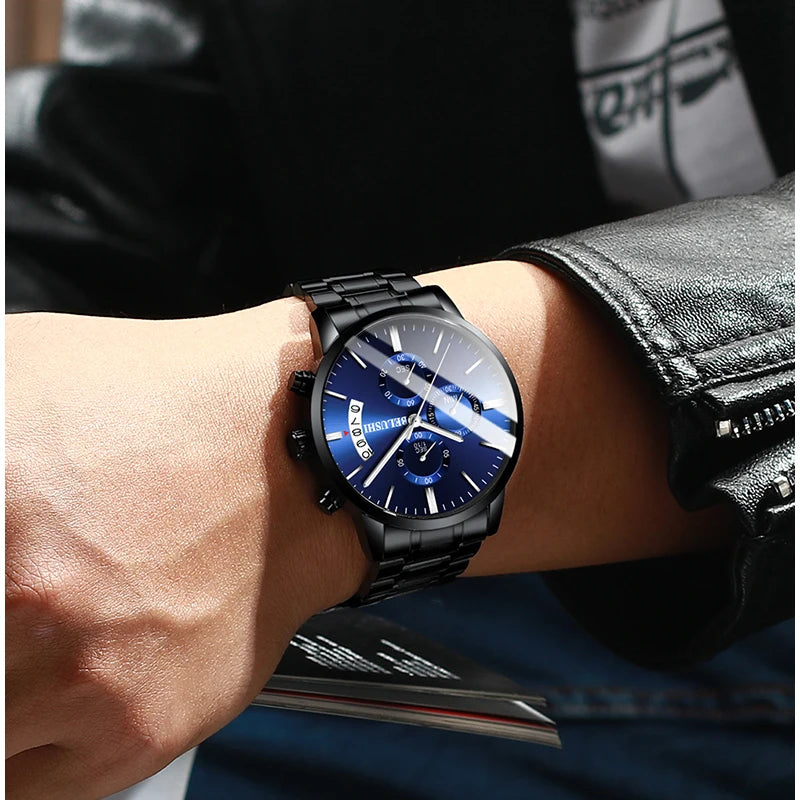 BELUSHI Fashion Men's Quartz Watch Chronograph Sport Men Watches Top Brand Luxury Full Steel Waterproof Clock Male Wristwatch