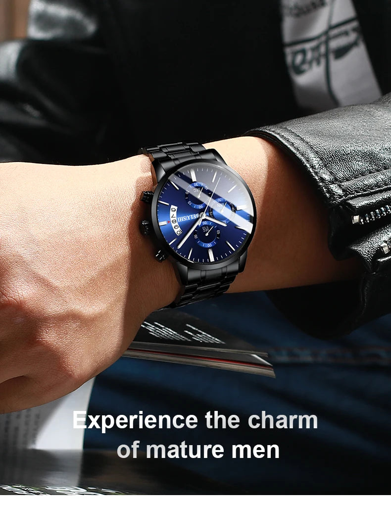 BELUSHI Fashion Men's Quartz Watch Chronograph Sport Men Watches Top Brand Luxury Full Steel Waterproof Clock Male Wristwatch