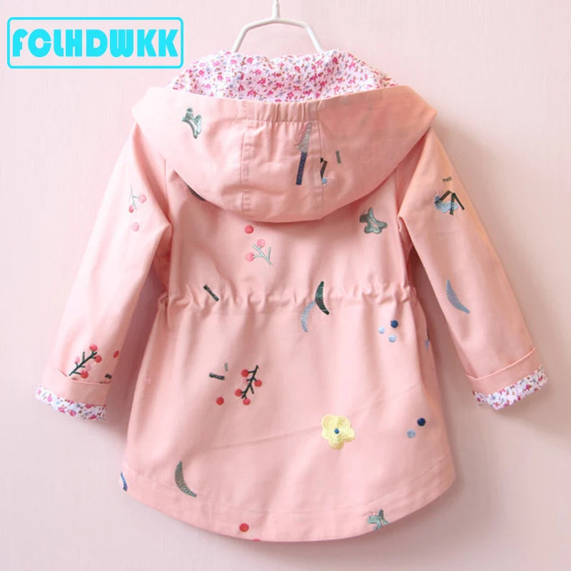 Spring Autumn Girls Windbreaker Coat Jackets Baby Kids Flower Embroidery Hooded Outwear For Baby Kids Coats Jacket Clothing