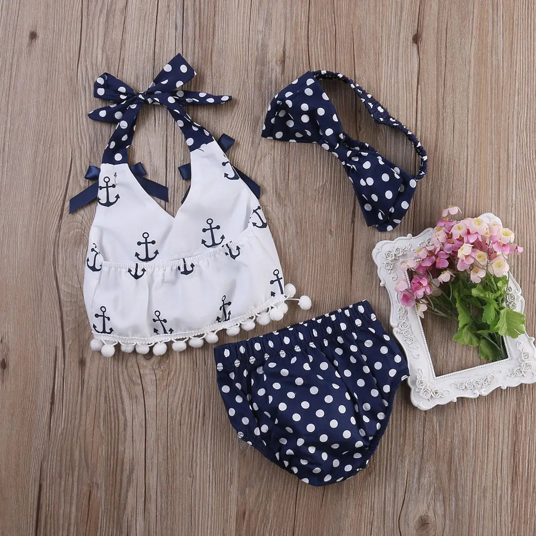 Toddler Infant Baby Girls Clothes  Anchors Tops Shirt Polka Dot Briefs Head Band 3pcs Outfits Set