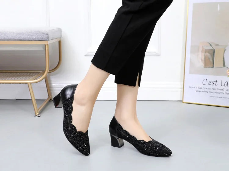 GKTINOO 2026 Summer Fashion Hollow Out Genuine Leather Pumps Women Shoes Med Heels Square Heel Mesh Ladies Office Shoes Crystal