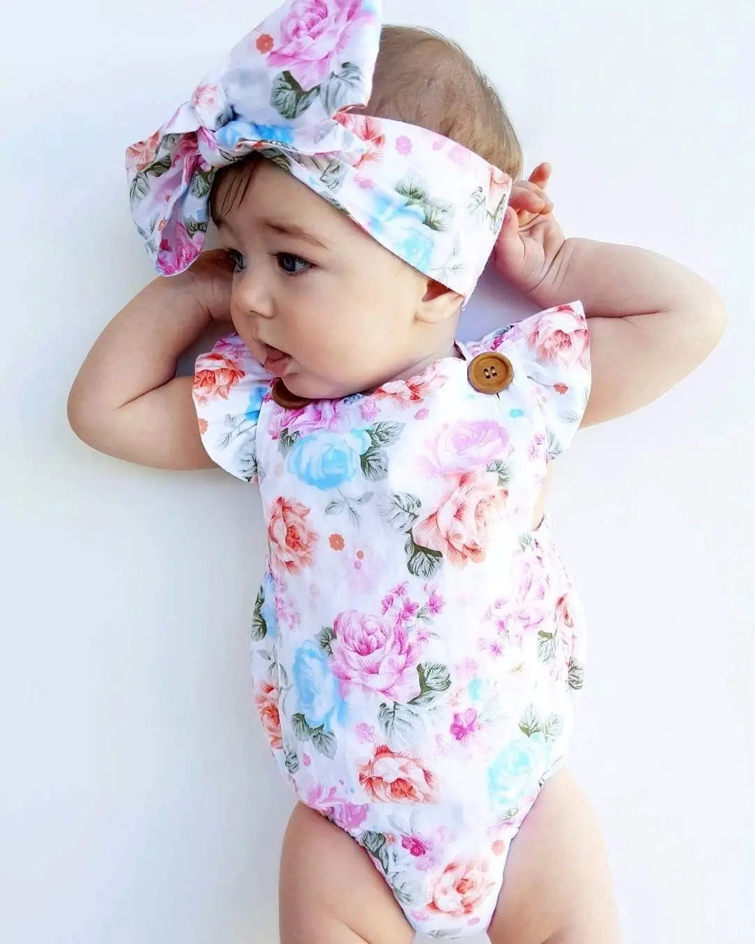 Toddler Infantil Newborn Baby Girls Floral Romper Fashion Jumpsuit Summer Headband 2PCS Sunsuit Outfit Set