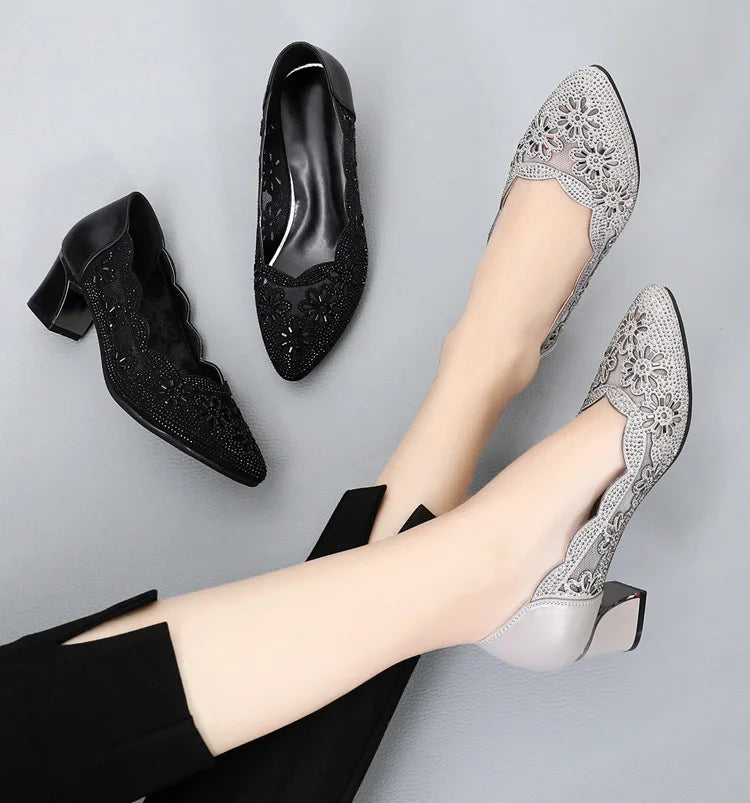 GKTINOO 2026 Summer Fashion Hollow Out Genuine Leather Pumps Women Shoes Med Heels Square Heel Mesh Ladies Office Shoes Crystal