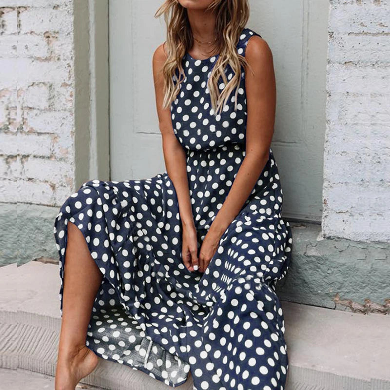 Duzeala Summer Sleeveless Polka Dot Print Midi Dress Casual Women Fashion Dresses New A-Line Boho Elegant Brown Long Dress