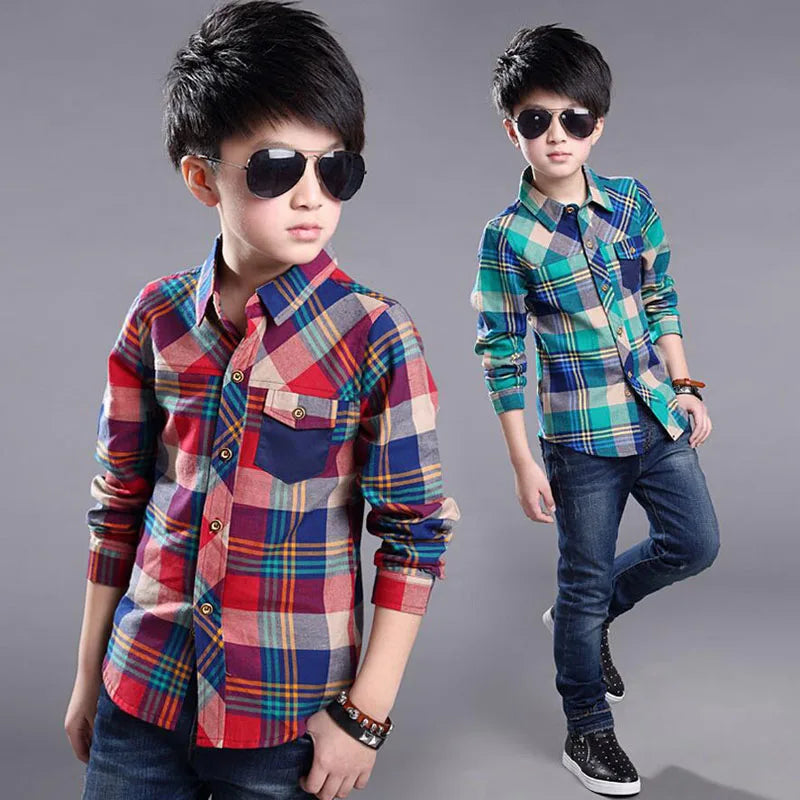 Spring Cotton Kids Clothes Fashion Casual Handsome Shirt for Children blouses Boys Plaid Long Sleeve dress Shirts