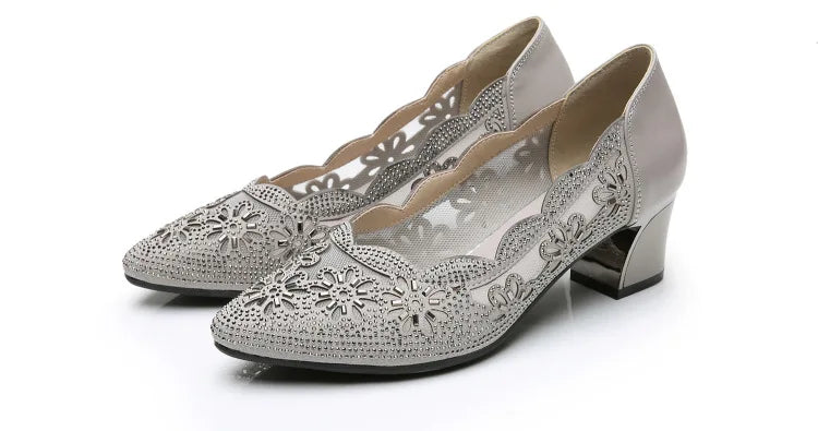 GKTINOO 2026 Summer Fashion Hollow Out Genuine Leather Pumps Women Shoes Med Heels Square Heel Mesh Ladies Office Shoes Crystal